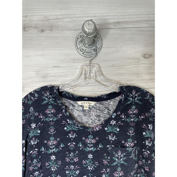 Orvis Shirt Womens Small Navy Blue Floral 3/4 Sleeve Scoop Neck Pocket 2SKL - Picture 2 of 10